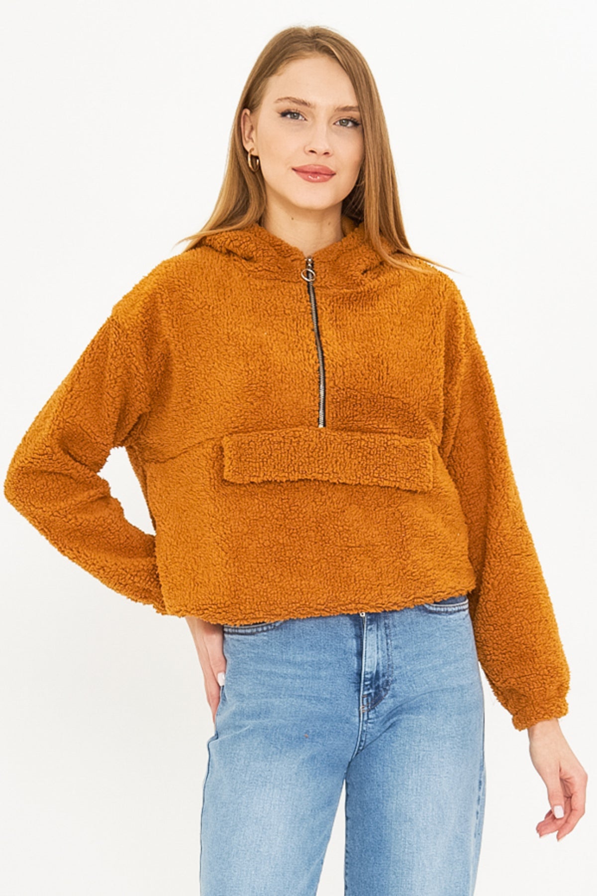 Women's Camel Hooded Plush Sweatshirt with Pocket Cover ARM-25K001090