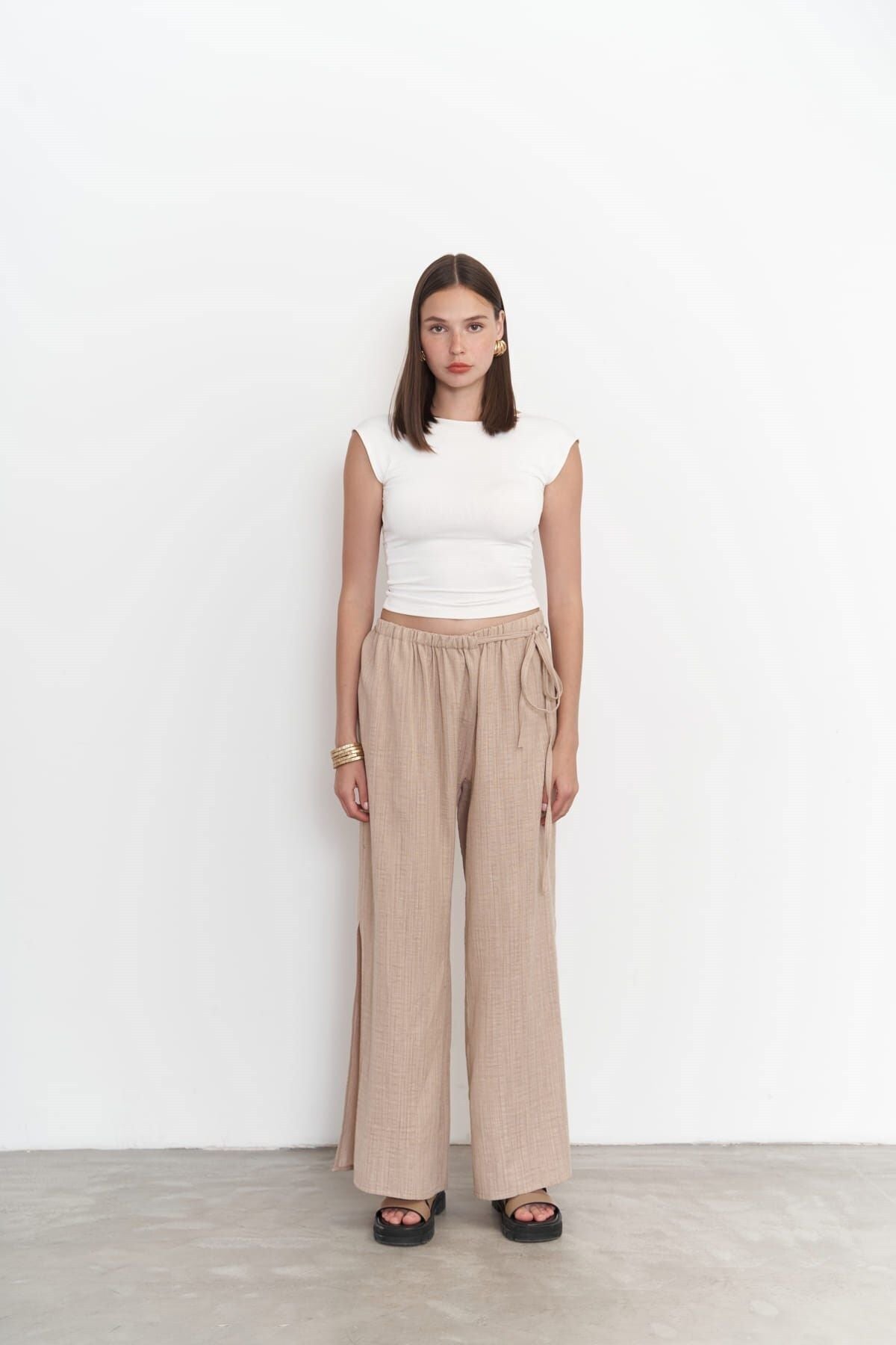 Harmony Side Tie Beige Trousers