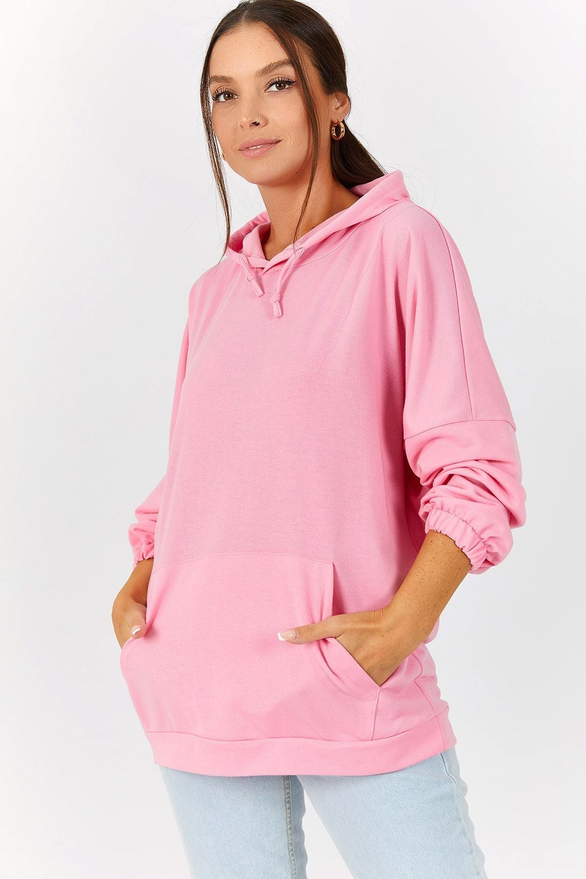 Women's Dust Pink Hooded Sweatshirt with Pocket ARM-21K024027