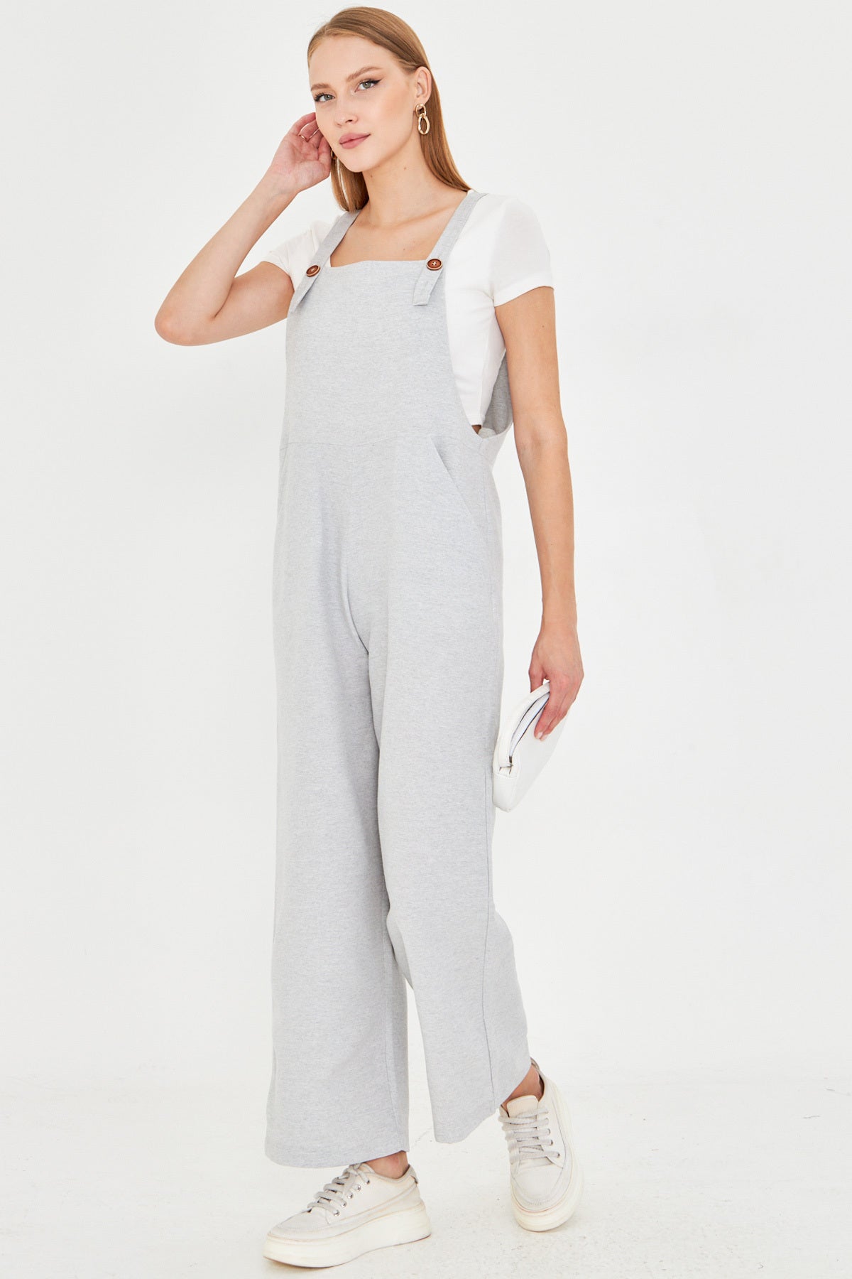 Women's Gray Pocketed Wide Leg Gardener Overalls ARM-25Y001043