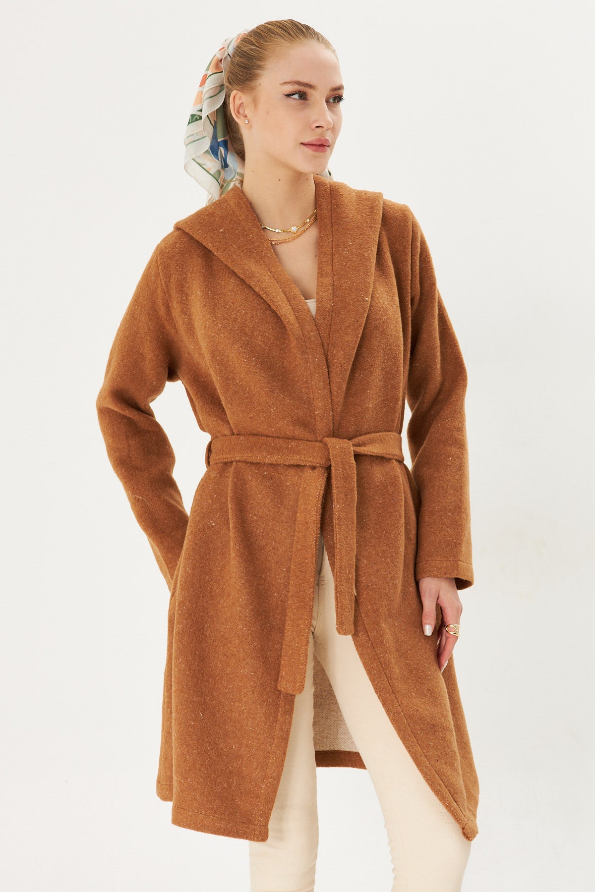 Women's Tan Hooded Tie Waist Coat with Pocket Detail Arm-25k001054