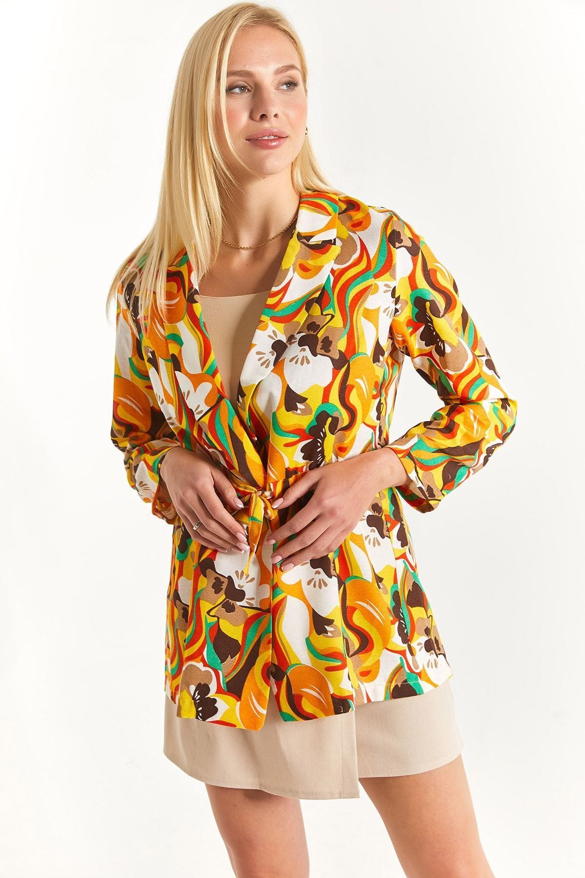 Women's Yellow Waist Drawstring Oversize Jacket Arm-23y001066