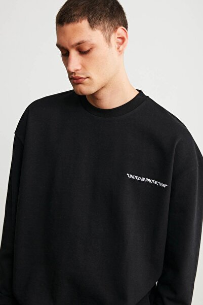 Raırok Men's Comfort Oversize Embroidered Black Sweat with Fleece Inside