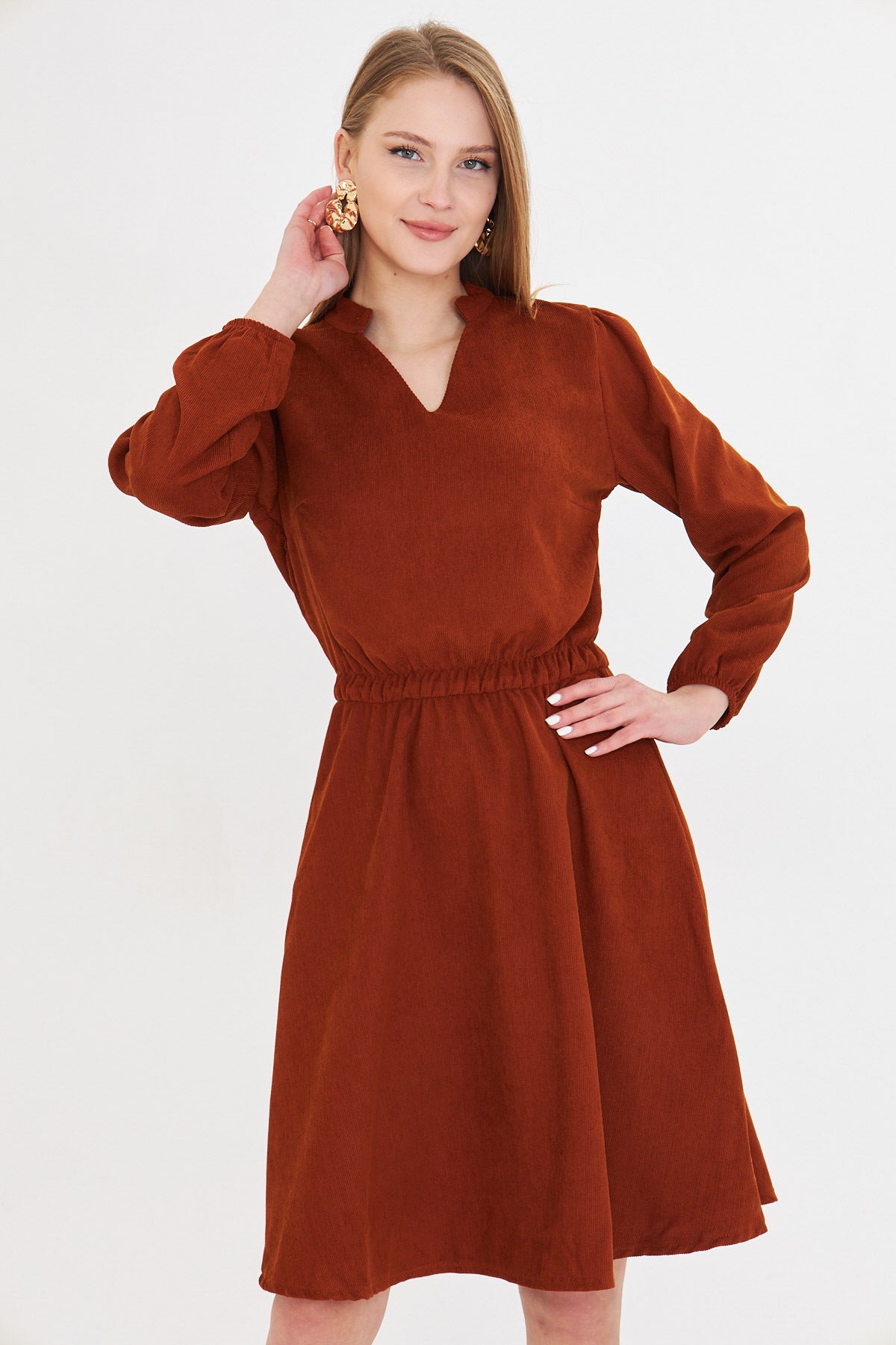 Women's Tan Velvet V-Neck Elastic Waist Slim Ribbed Flared Dress ARM-25K001049