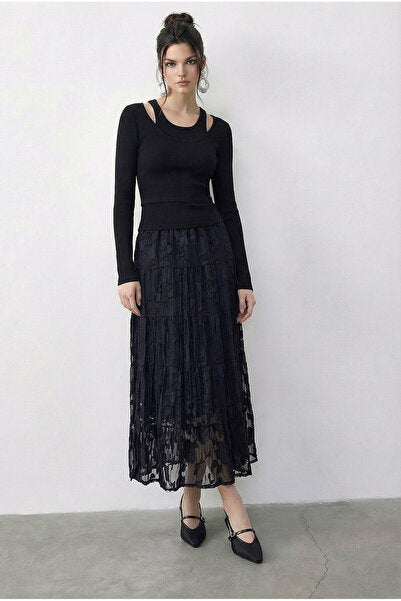 Women's Elastic Waist Self Patterned Lined Midi Skirt 355 60286035