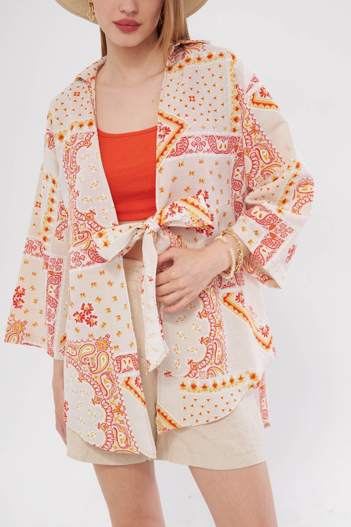 Women's Yellow Patterned Linen Look Front Tie Kimono Shirt ARM-24Y001079