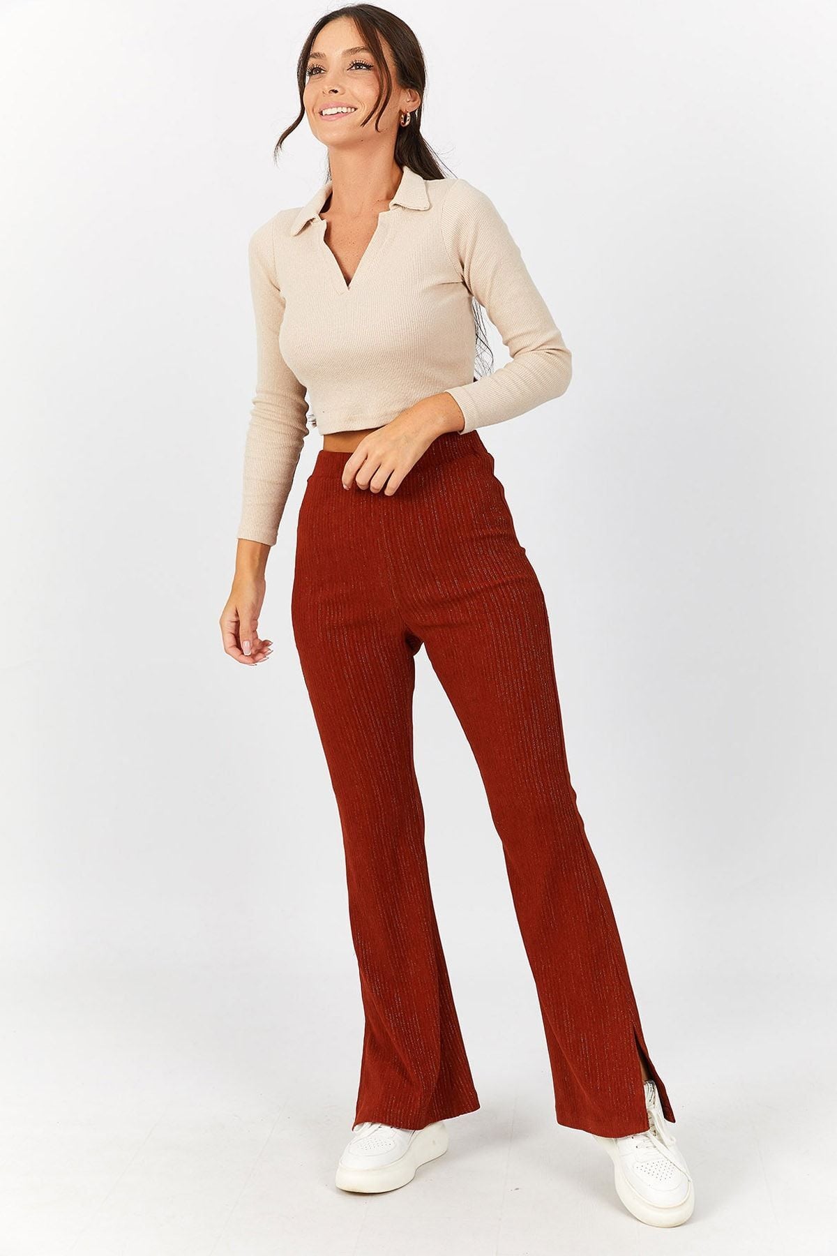 Women's Tile Waist Elastic Waist Side Slit Velvet Flared Trousers ARM-22Y001176