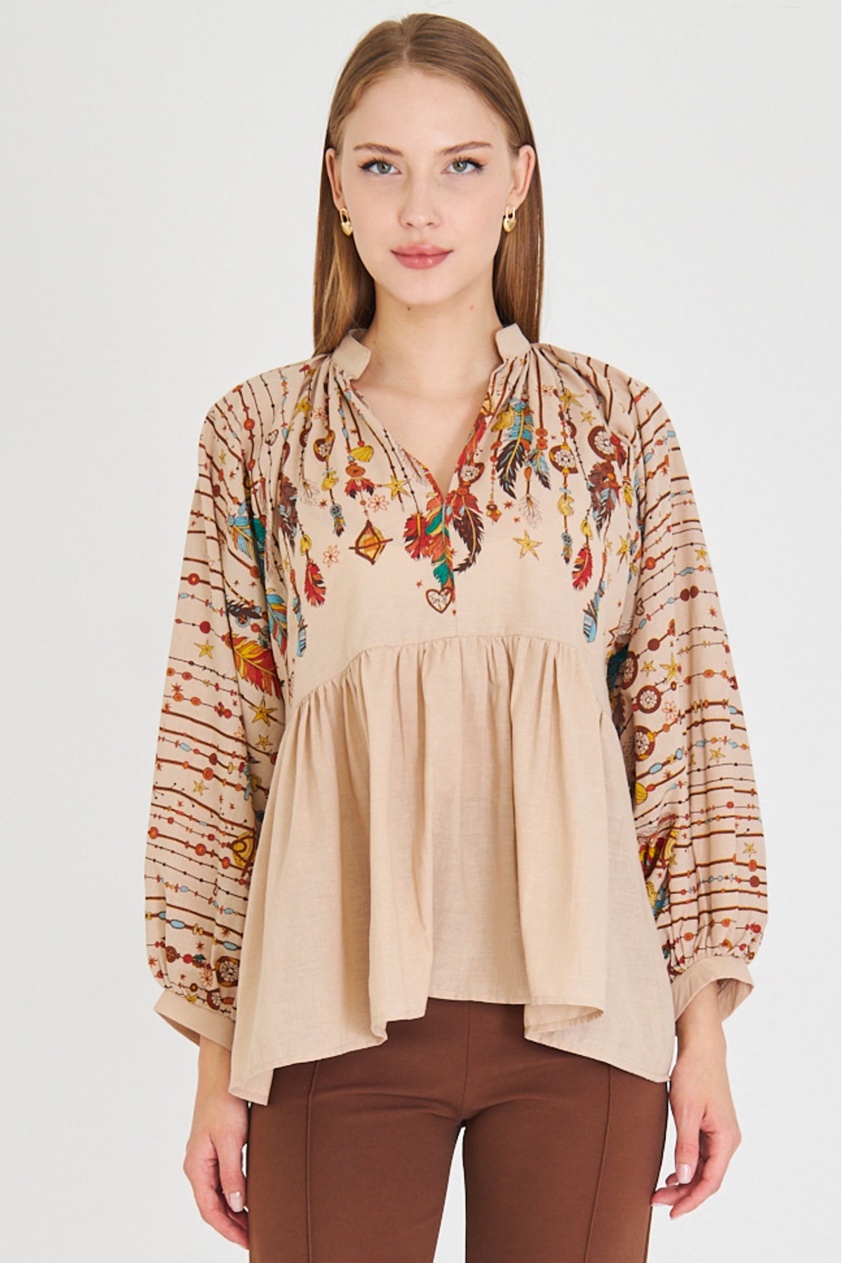 Women's Stone Judge Collar Balloon Sleeve Blouse ARM-25Y001052