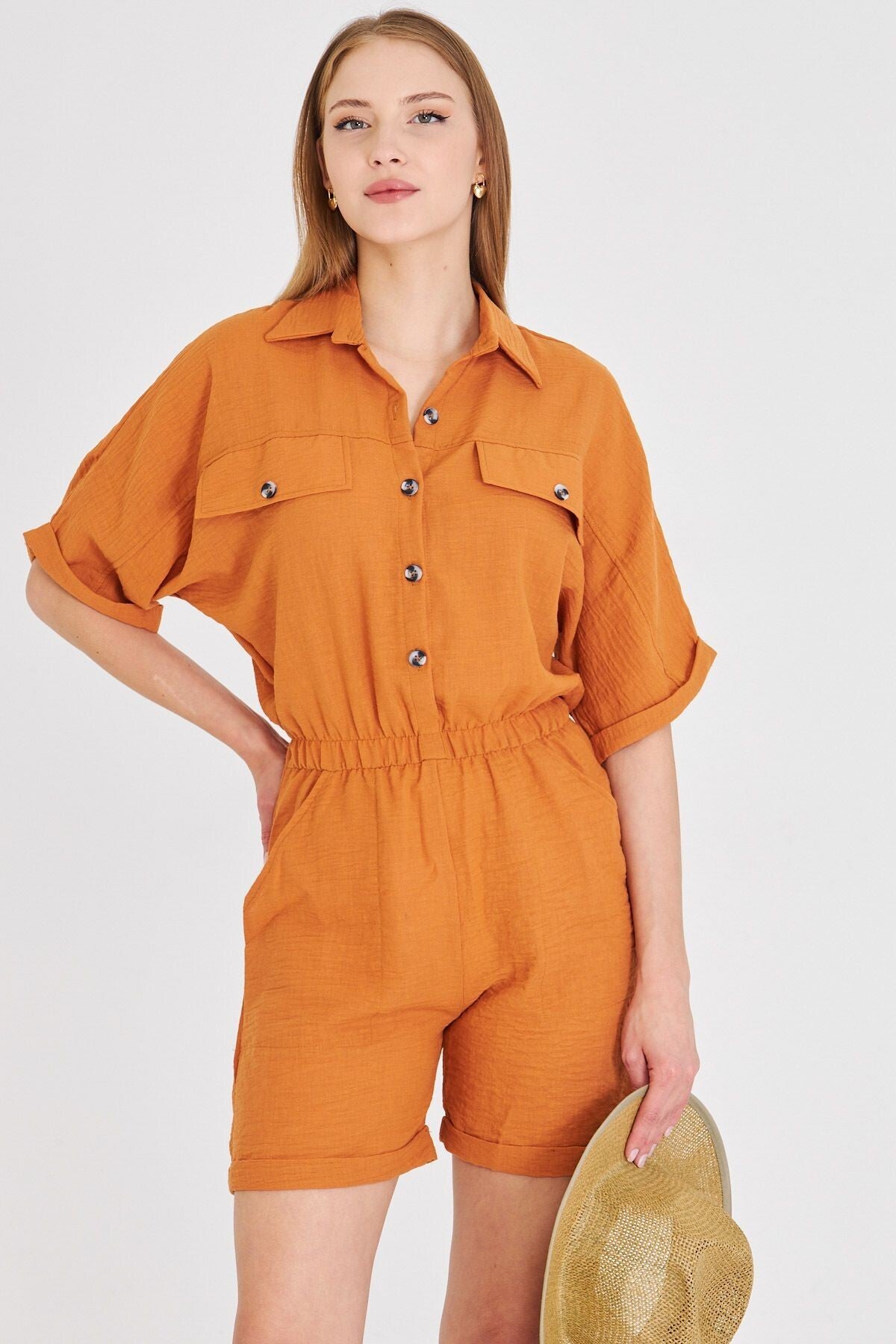 Women's Tile Bat Sleeve Pocket Elastic Waist Jumpsuit with Shorts