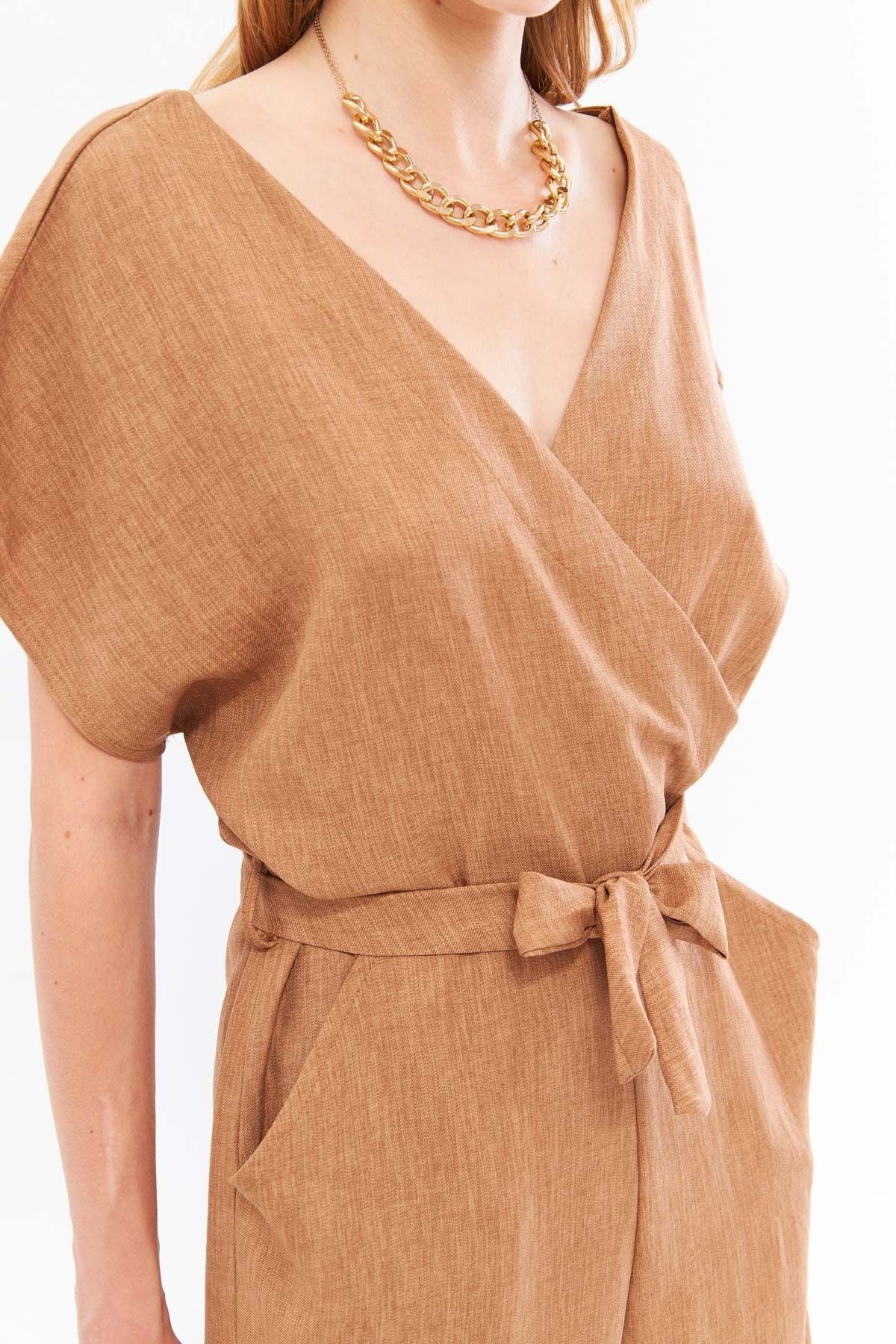 Women's Tan Double Breasted Collar Back V Detailed Pocket Belted Wide Leg Jumpsuit ARM-24Y001073