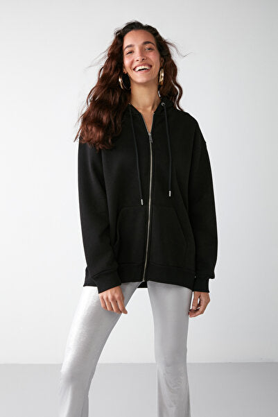 Alena Women's Basic Kangaroo Pocket Oversize Organic Cotton Zipper Hooded Black Sweatshirt
