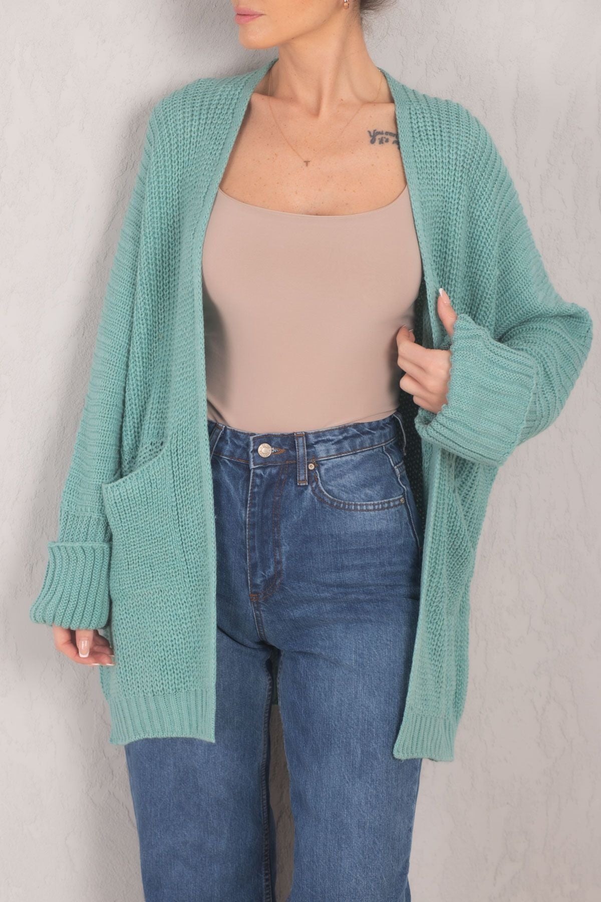 Women's Turquoise Thessaloniki Knitted Pocket Double Sleeve Knitwear Cardigan