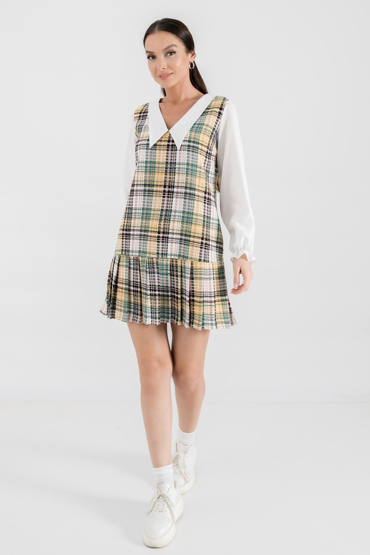 Women's Yellow Tweed Skirt Pleat Detailed Shirt Collar Mini Dress ARM-24K001072