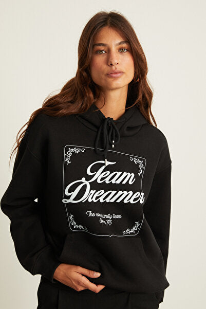 Sabine Women's Print Detailed Fleece Hooded Kangaroo Pocket Relaxed Fit Black Sweatshirt