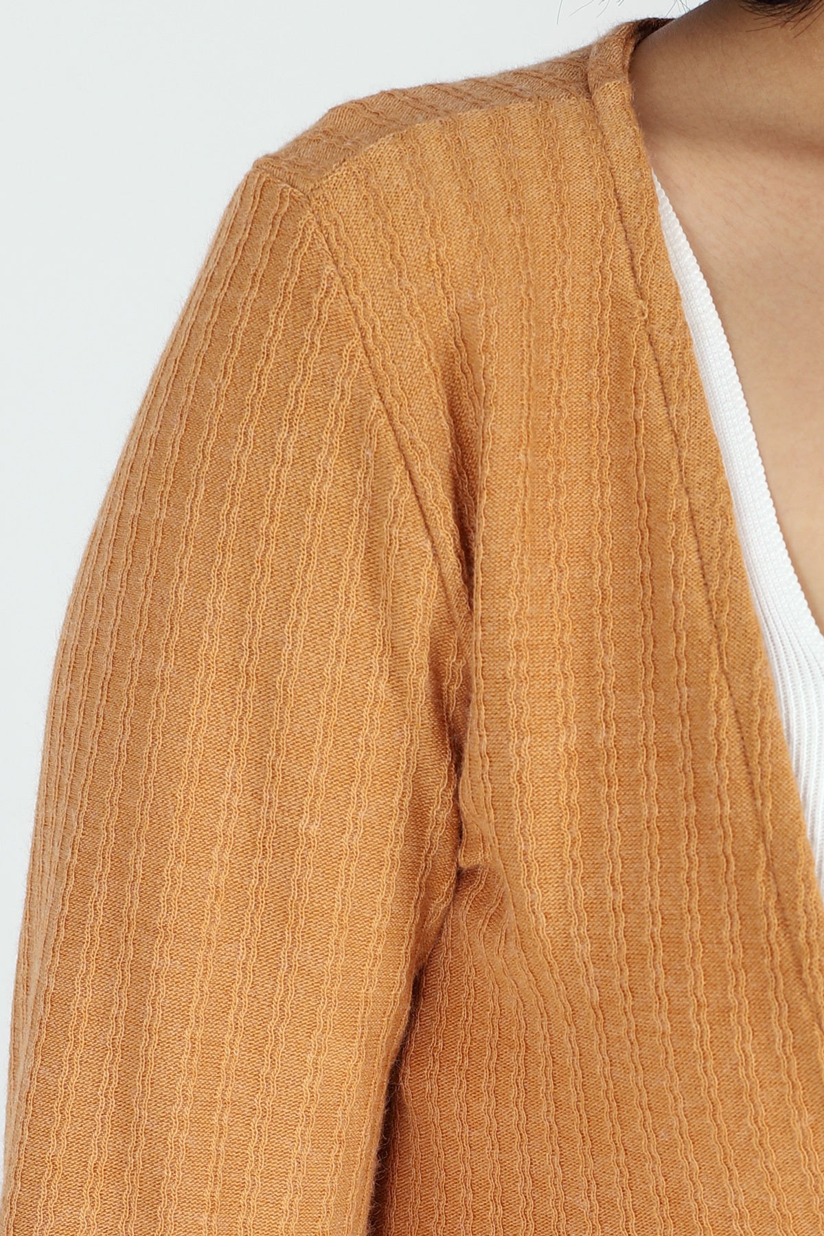 Women's Camel V-Neck Soft Textured Tie-Front Sleeves Elastic Knitwear Cardigan ARM-26K001010