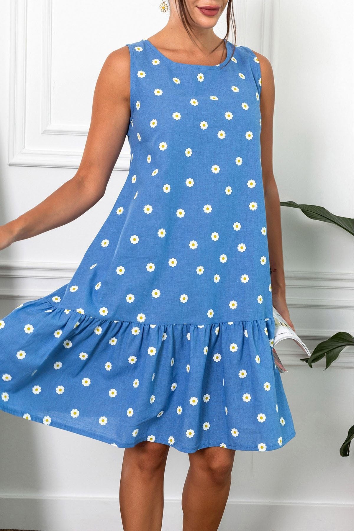 Women's Blue Daisy Pattern Sleeveless Skirt Ruffle Dress ARM-22Y001123