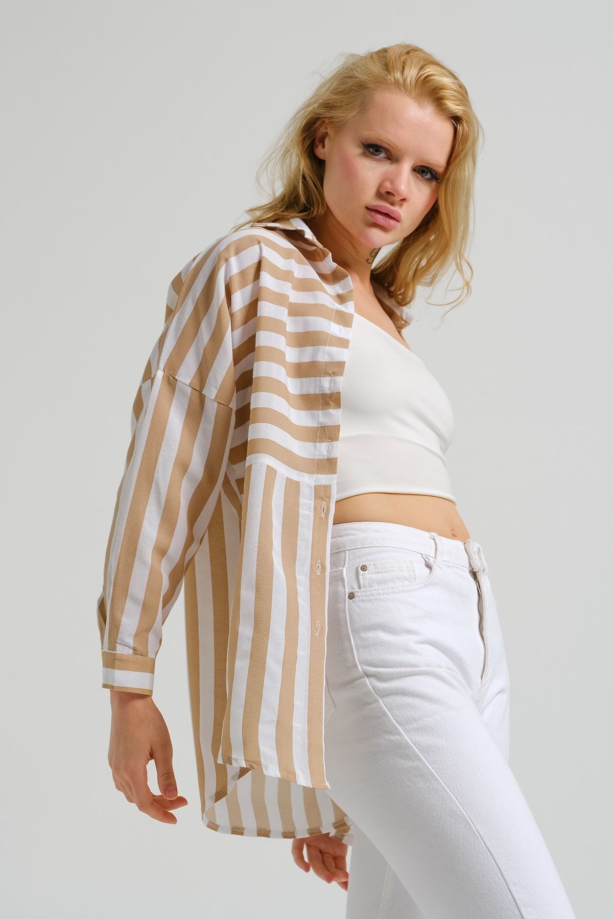 Women's Beige Asymmetrical Striped Overszie Long Basic Shirt ARM-23Y001107