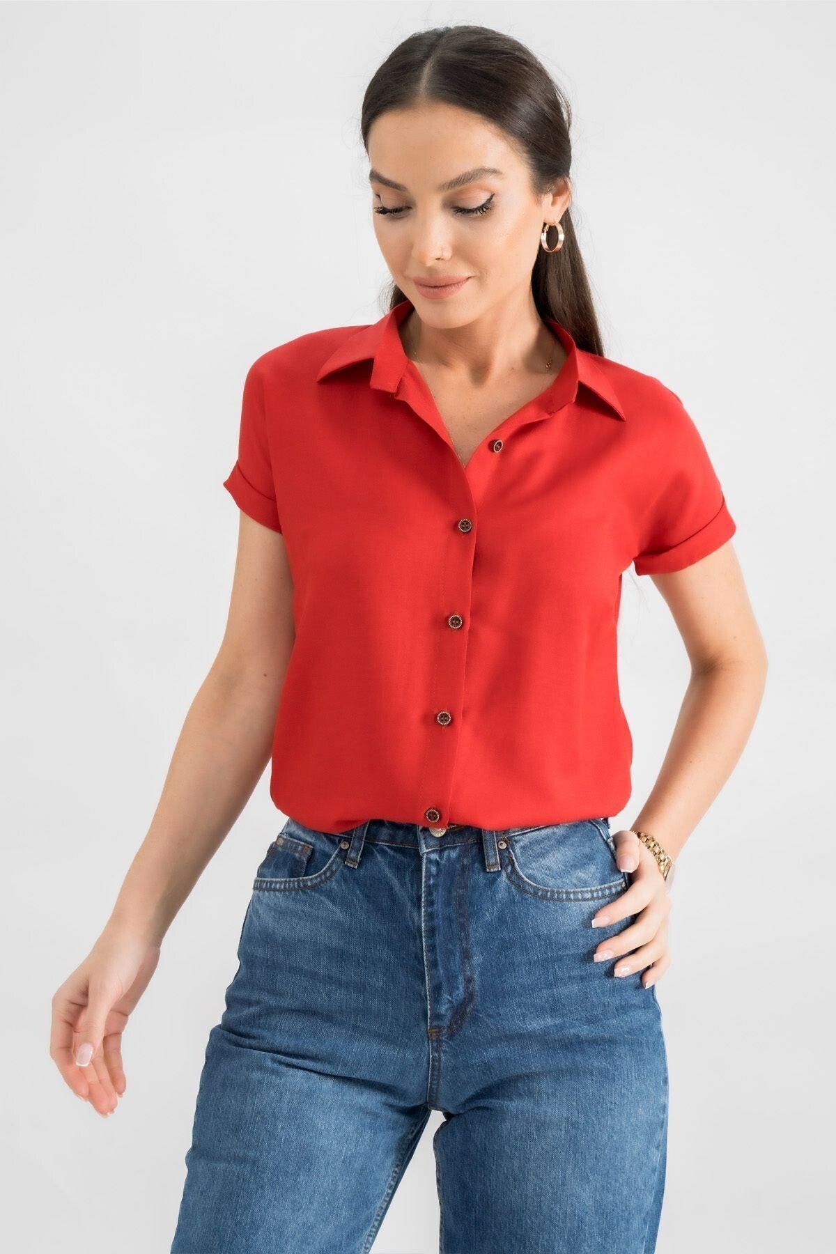 Women's Red Short Sleeve Shirt ARM-19Y001065