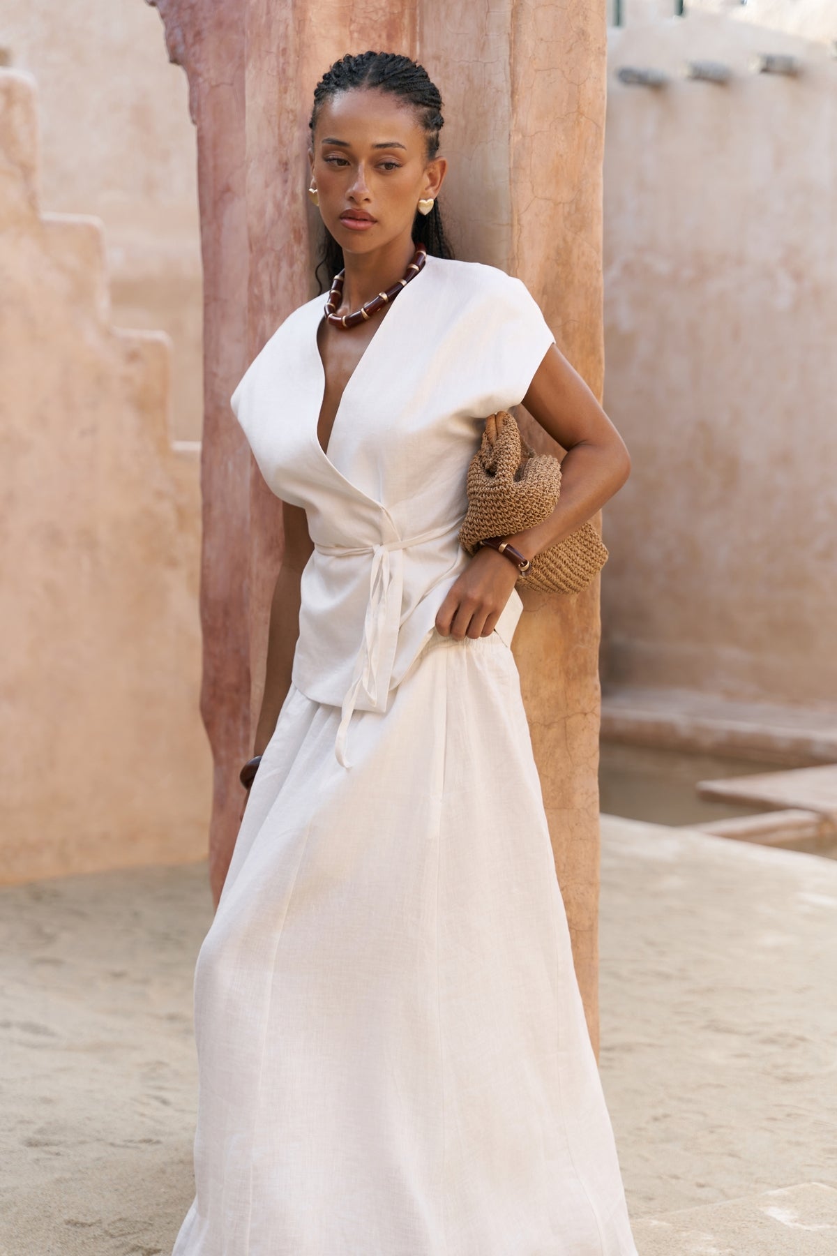 Fiametta Casual Ecru Linen Vest Skirt Set