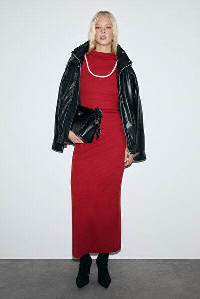 DEPORTS Women's Soft Flexible Fabric Contrast Piping Double Collar Red Dress