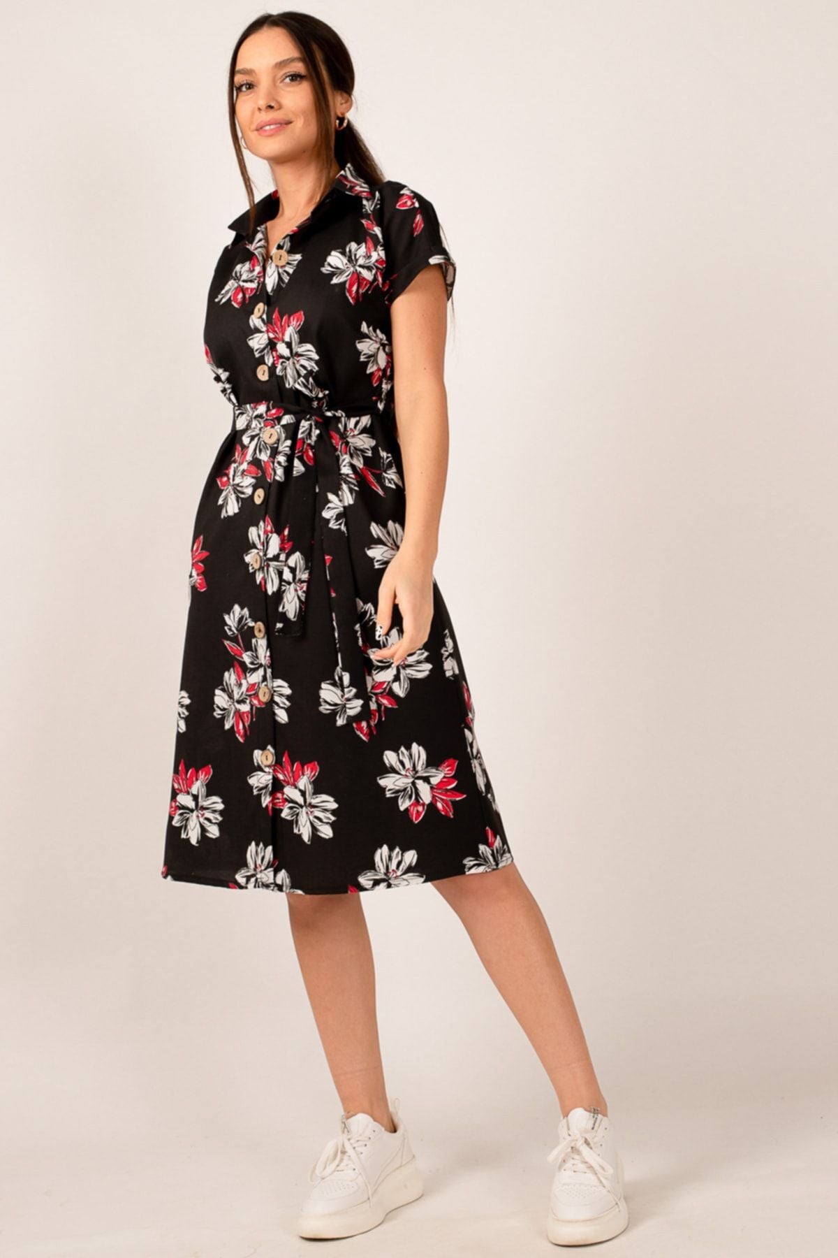 Women's Black Big Floral Belted Short Sleeve Shirt Dress ARM-22Y001007
