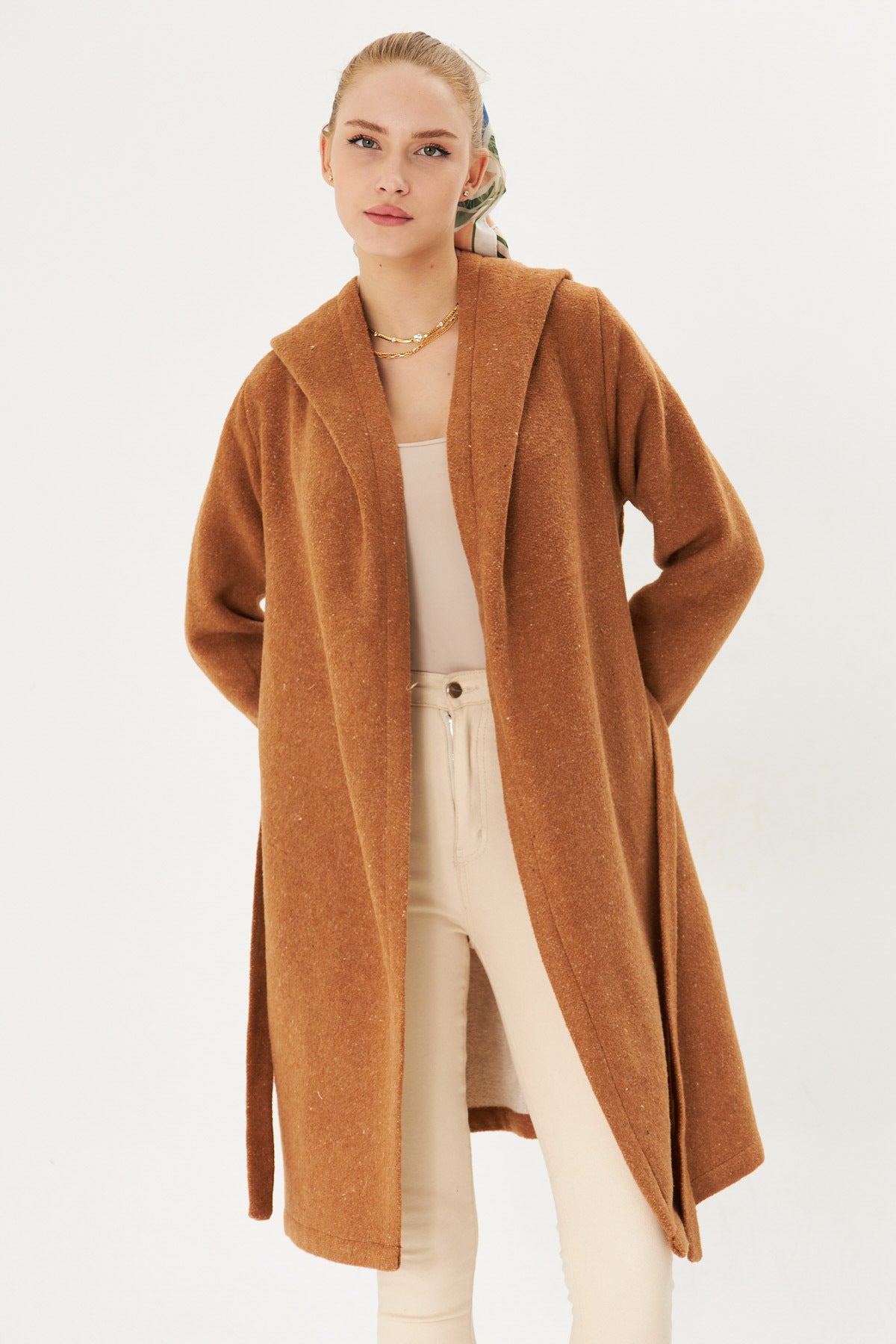 Women's Tan Hooded Tie Waist Coat with Pocket Detail Arm-25k001054