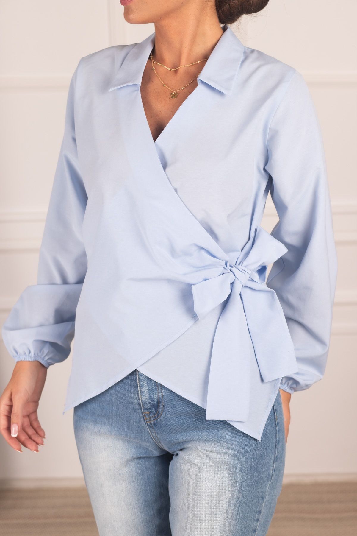 Women's Baby Blue Collar Double Breasted Blouse ARM-22Y024025