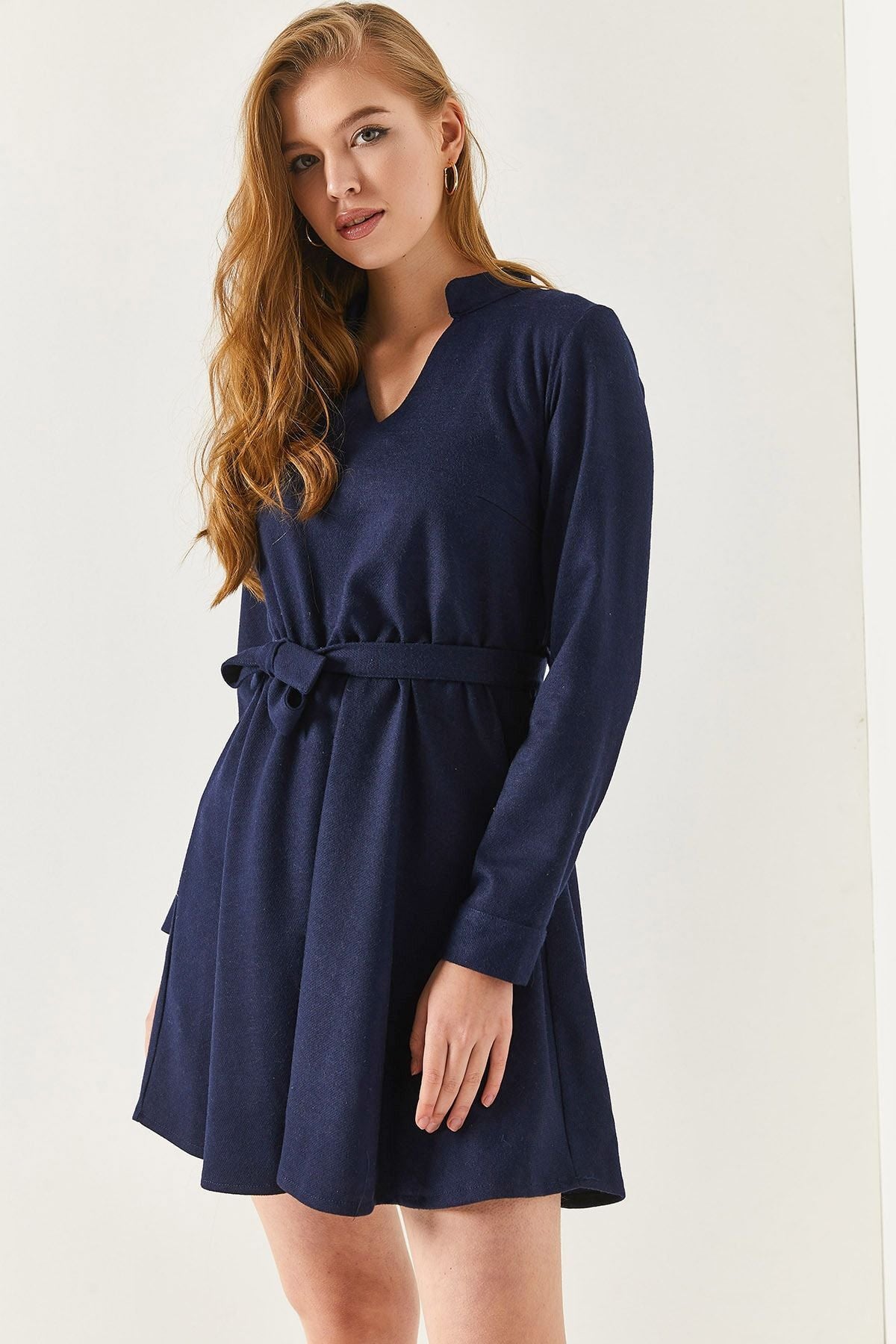 Women's V-Neck Elastic Waist Tie-up Flared Dress