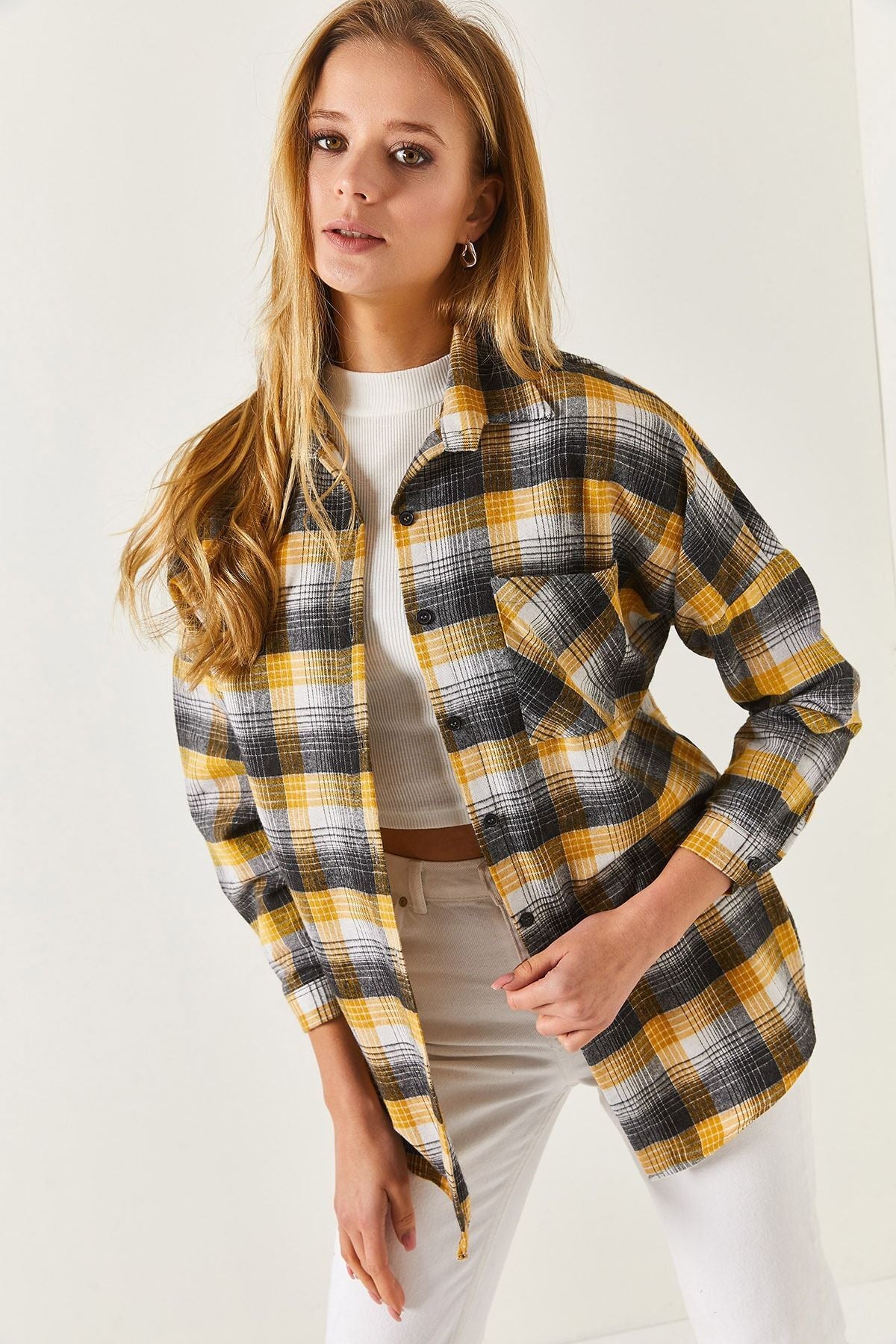 Women's Yellow Plaid Pattern Oversize Shirt Arm-22y001207