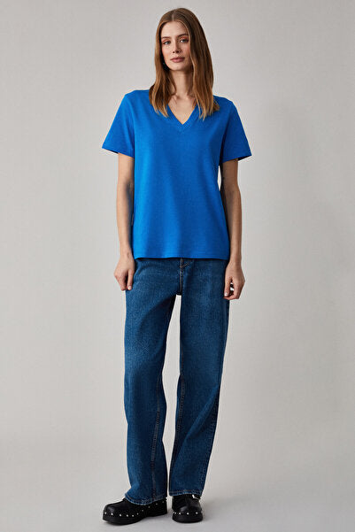 ALINE Women's 100% Organic Cotton Deep V-Neck Comfort Fit Parliament Blue T-Shirt