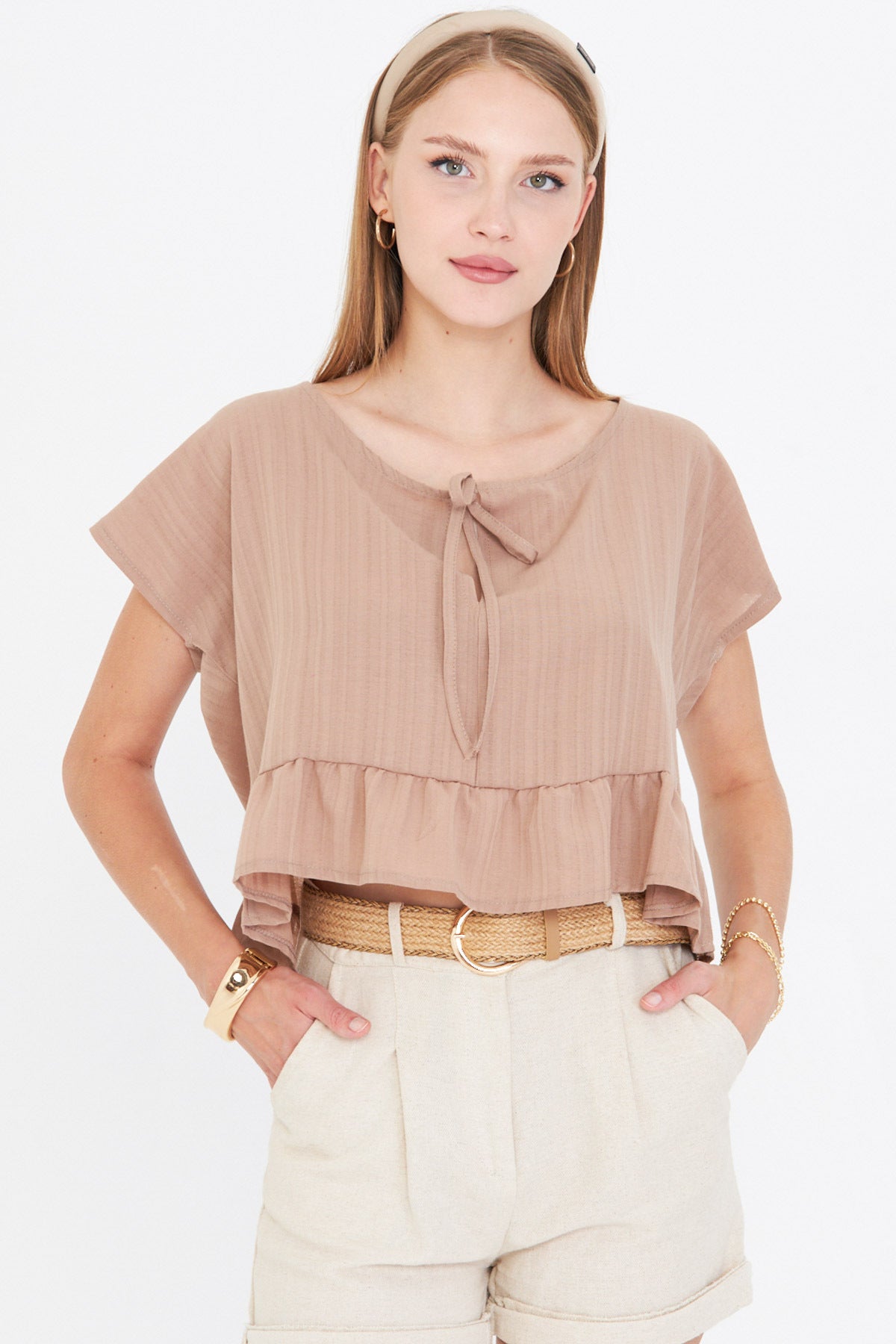 Women's Light Mink Bat Sleeve Collar Tied Skirt Ruffled Oversize Crop Blouse ARM-24Y001088