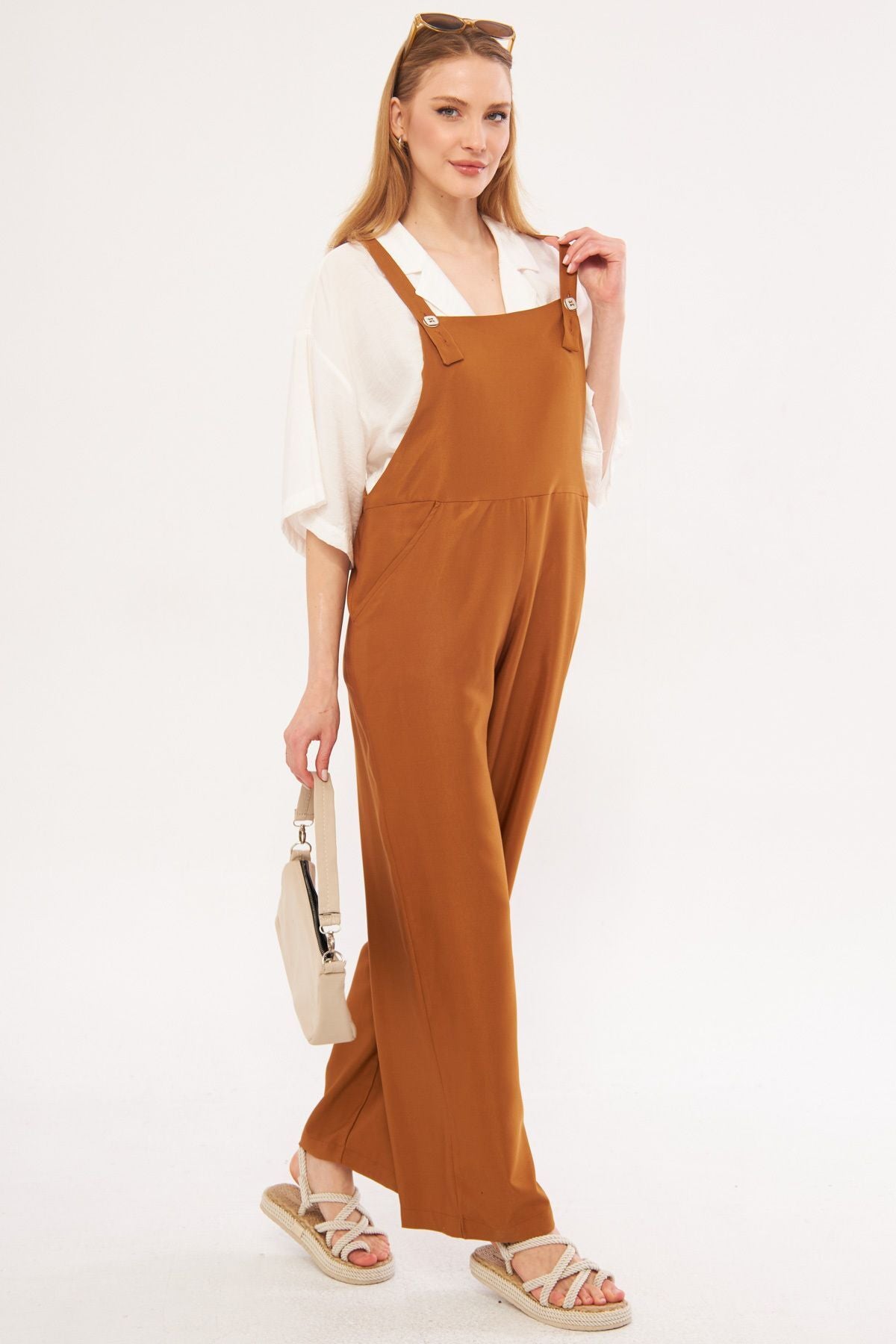 Women's Tan Ikosi Jumpsuit with Pockets and Wide Legs Gardener Model ARM-24Y001043