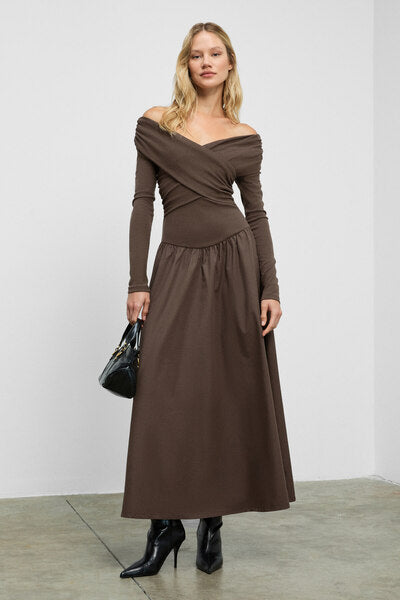 FRUENDO Women's Asymmetrical Collared Top with Stretchy Fabric Skirt Poplin Long Brown Dress