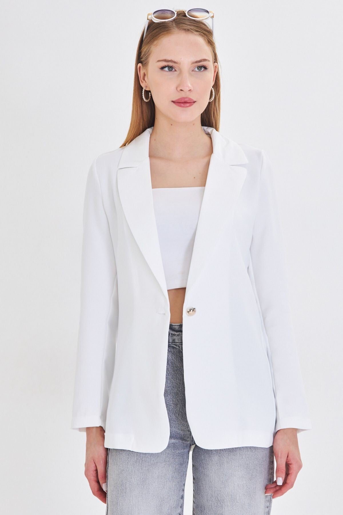 Women's White Single Button Jacket Arm-23y001047