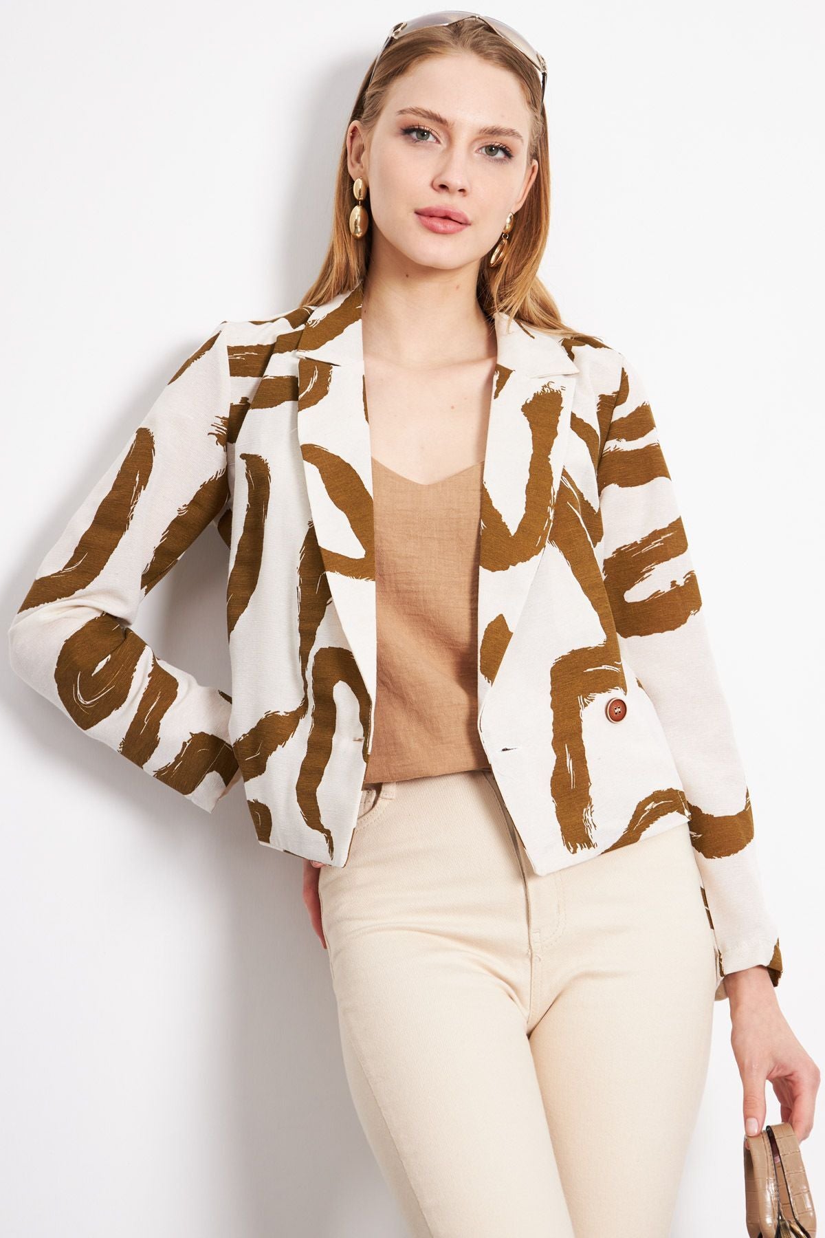 Women's Dark Khaki Double Breasted Collar Patterned Crop Jacket ARM-24Y001058