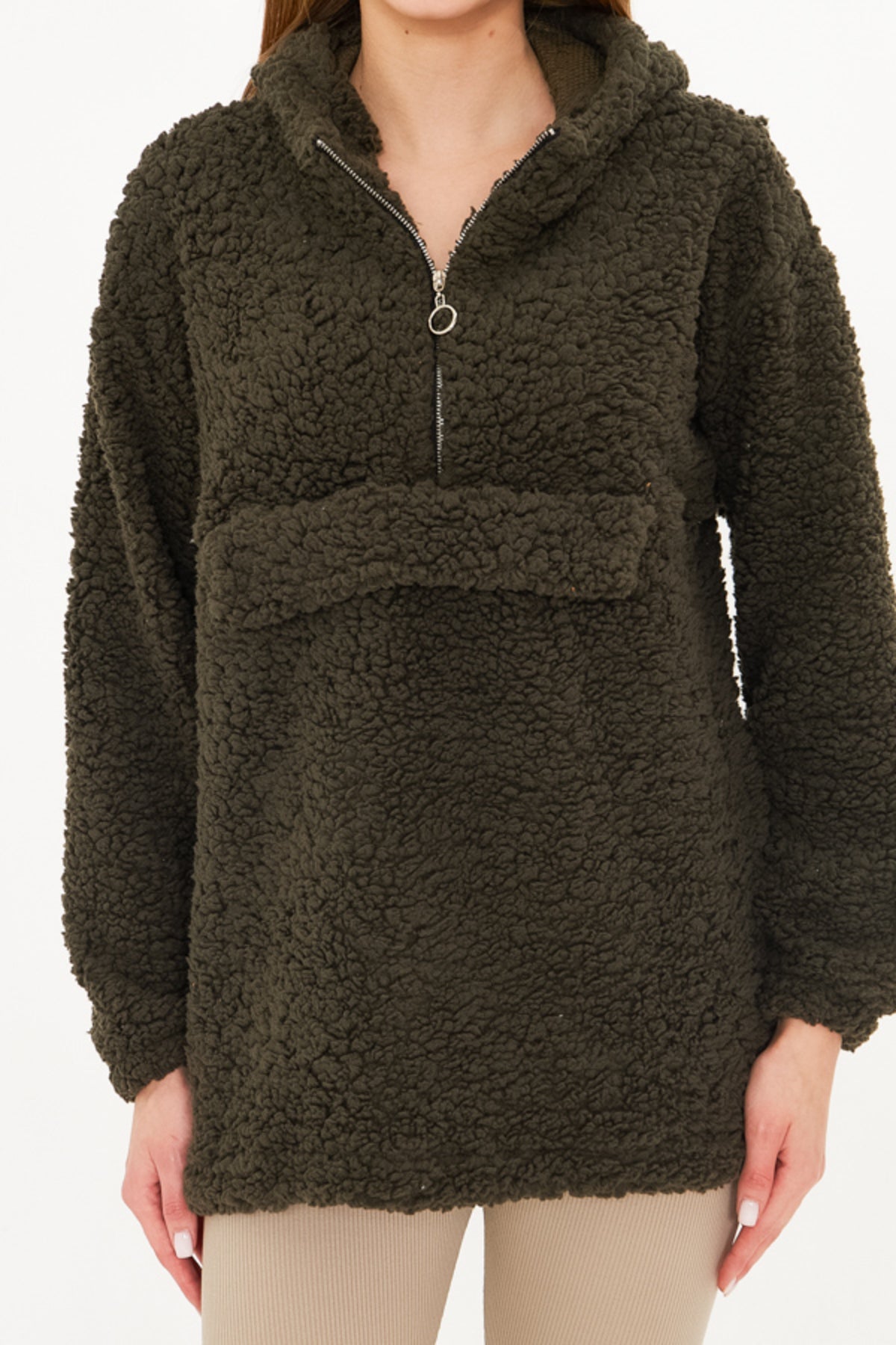 Women's Khaki Hooded Pocket Flap Plush Sweatshirt ARM-25K001090