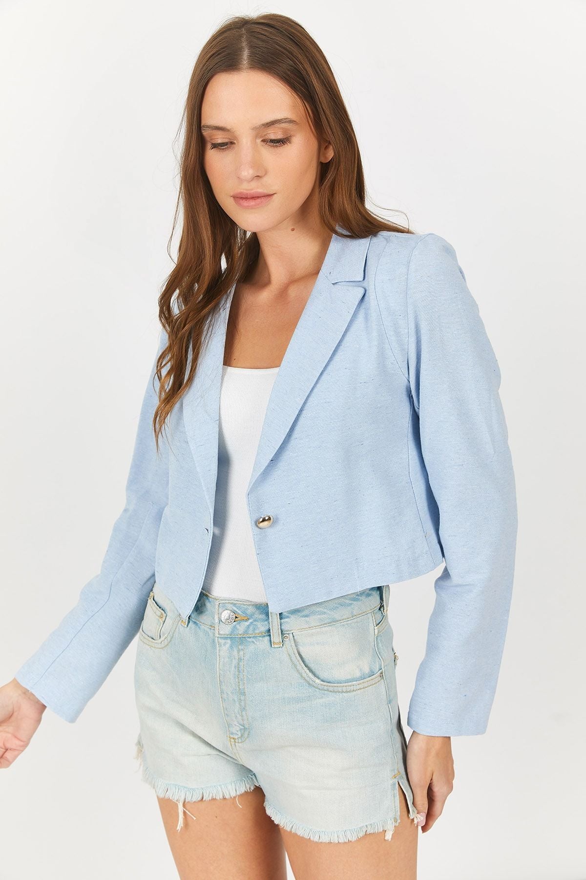 Women's Baby Blue Single Button Crop Jacket Arm-23y001064
