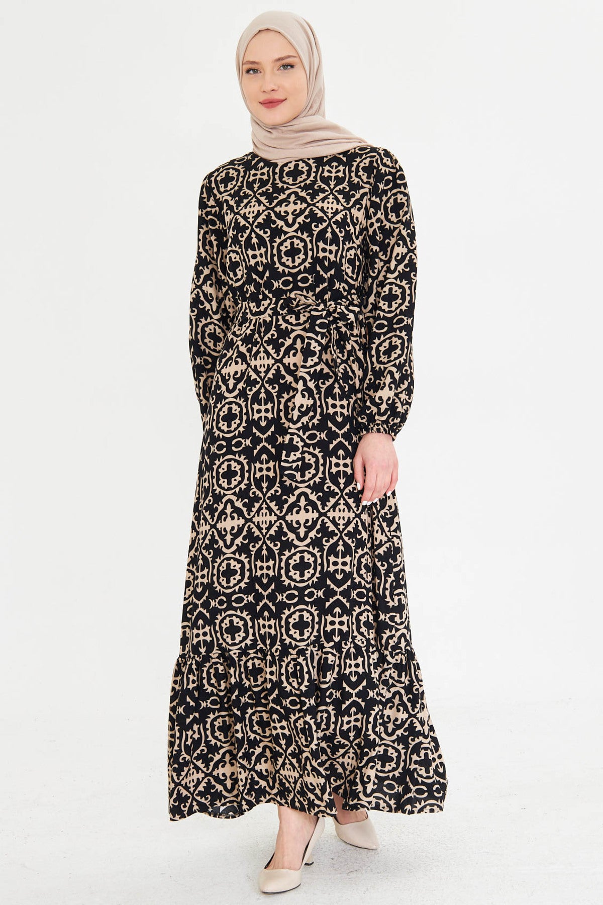 Women's Black-Beige Crew Neck Back Zipper Skirt Frilly Belted Long Hijab Dress ARM-25K001101