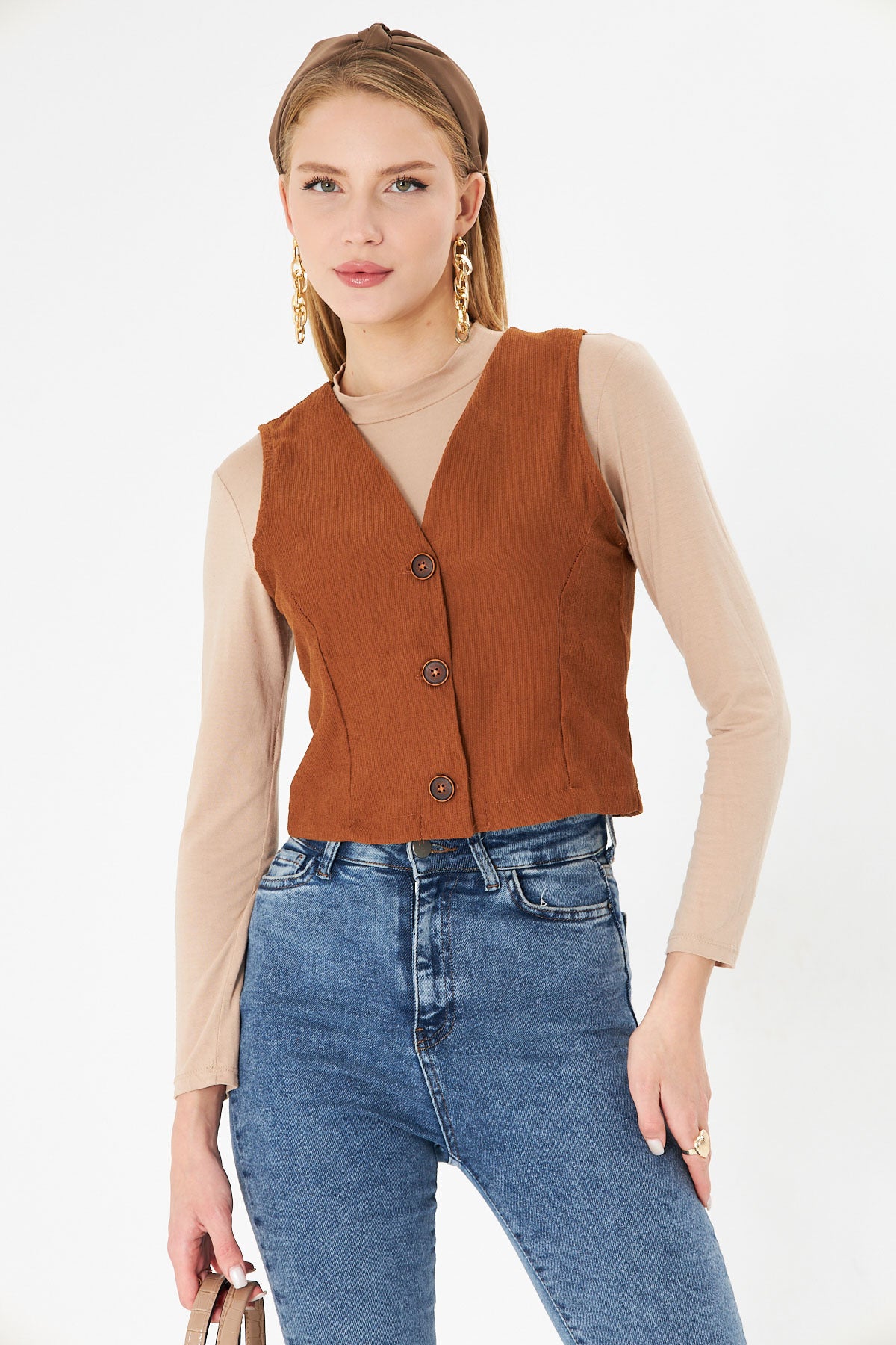 Women's Tan V-Neck Slim Corduroy Vest ARM-25K001008