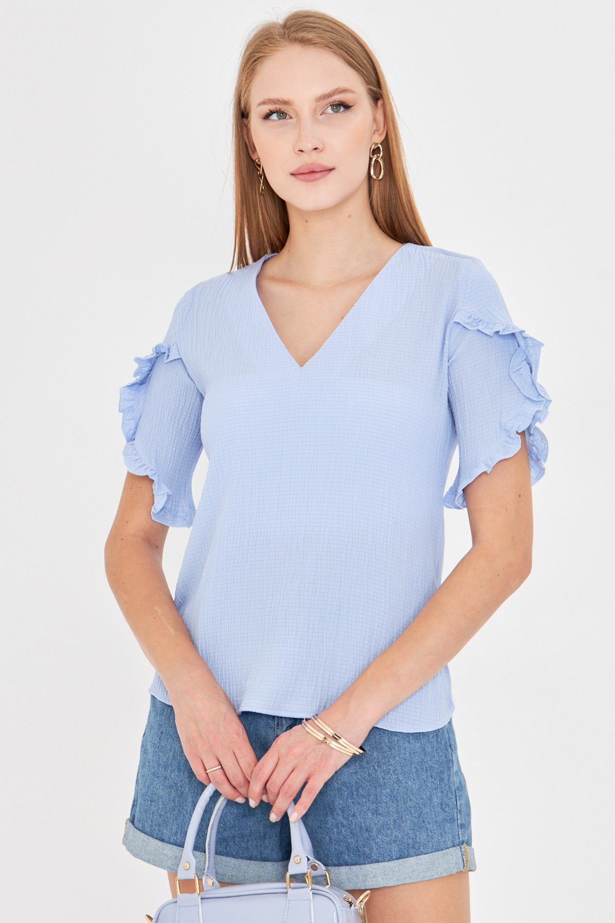 Women's Baby Blue V-Neck Ruffled Short Sleeve Blouse ARM-25Y001070