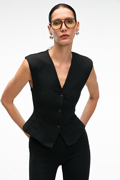 CALYSTRA Women's Flexible Fabric, Front Darts, Buttons, Padded Regular Fit Black Vest