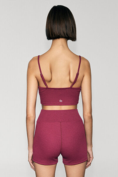 ZERRA Women's Soft and Flexible Fabric Print Detailed Strap Buttoned Claret Red Sports Bra