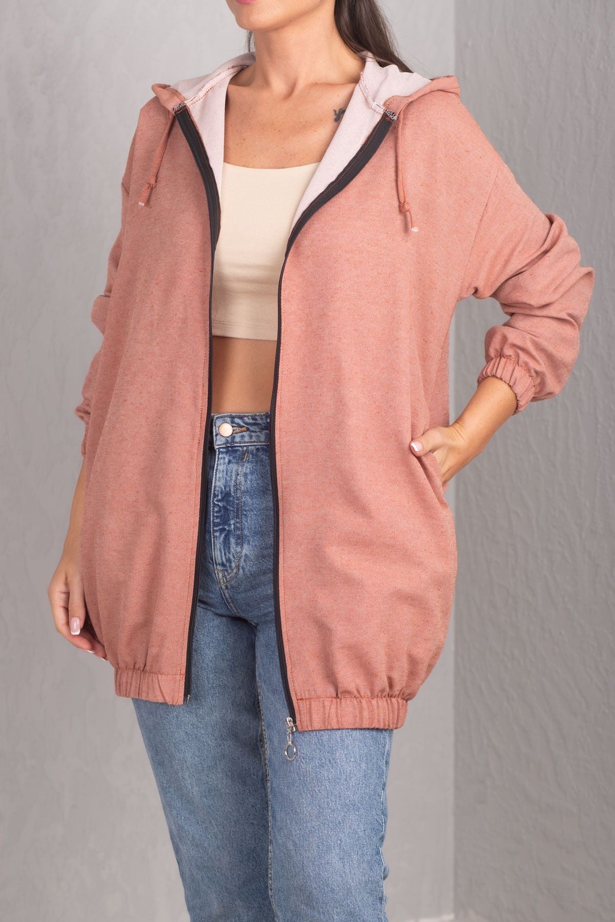 Women's Tile Zippered Hooded Trench Arm-21k024030