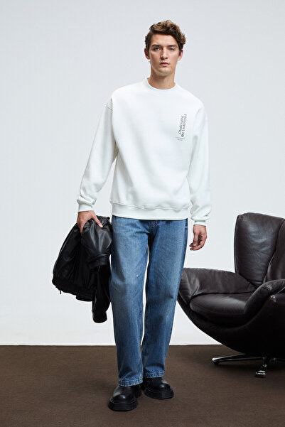 ALDEN Men's Round Neck Chest and Back Printed Relaxed Fit White Sweatshirt