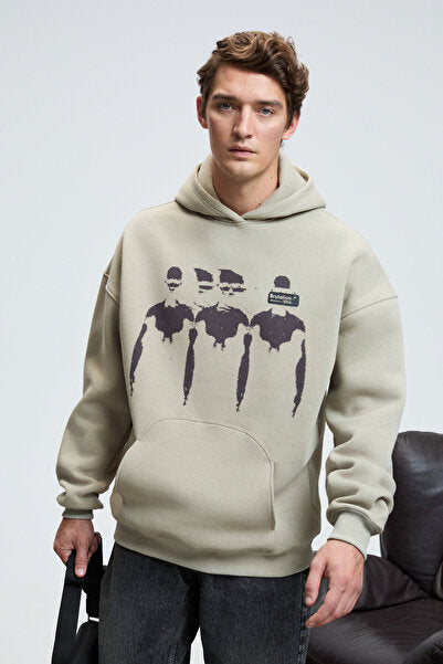 ARMAND Men's Hooded Kangaroo Pocket Front Printed Oversize Stone Color Sweatshirt