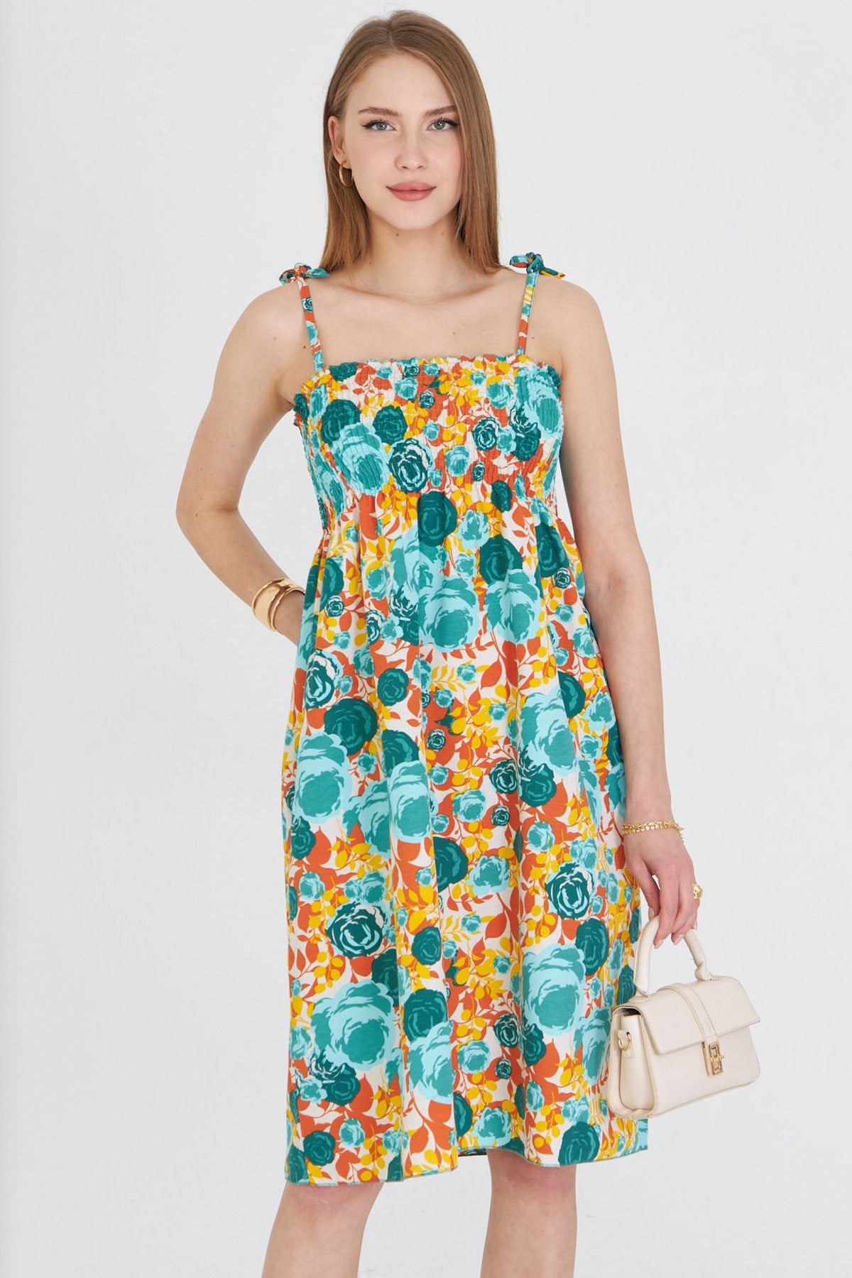 Women's Turquoise Straps Lace Up Chest Gimped Elastic Mini Dress ARM-25Y001047