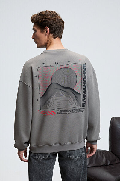 PERCY Men's Round Neck Chest Printed Back Printed Oversize Dark Gray Sweatshirt