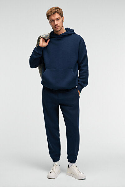 ANSEL Men's Elastic Slim Leg Three-Pocket Soft Organic Cotton Navy Blue Sweatpants