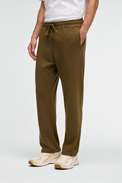 CLARENCE Men's 100% Cotton Drawstring Elastic Waist Back Pocket with Decorative Label Khaki Sweatpants