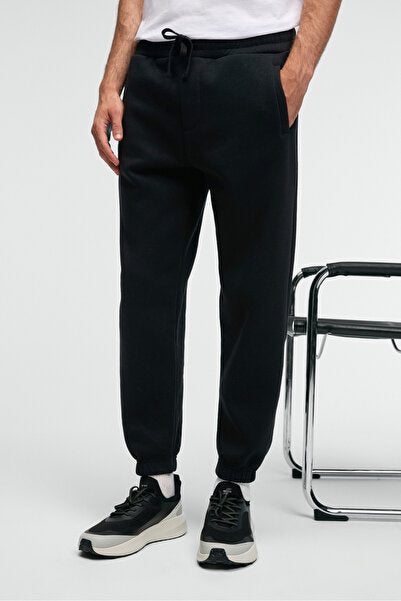 ANSEL Men's Elastic Slim Leg Three Pocket Soft Organic Cotton Black Sweatpants